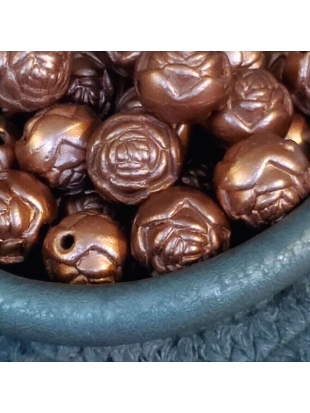 Vintage Retro Bronze Satin Rosebud Flower 14mm Round Acrylic Beads 10 pcs